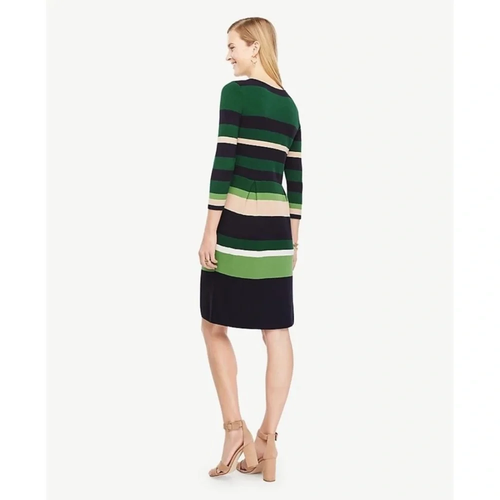 Ann Taylor Stripe Flare Knit Sweater Dress in Green Eden XXS